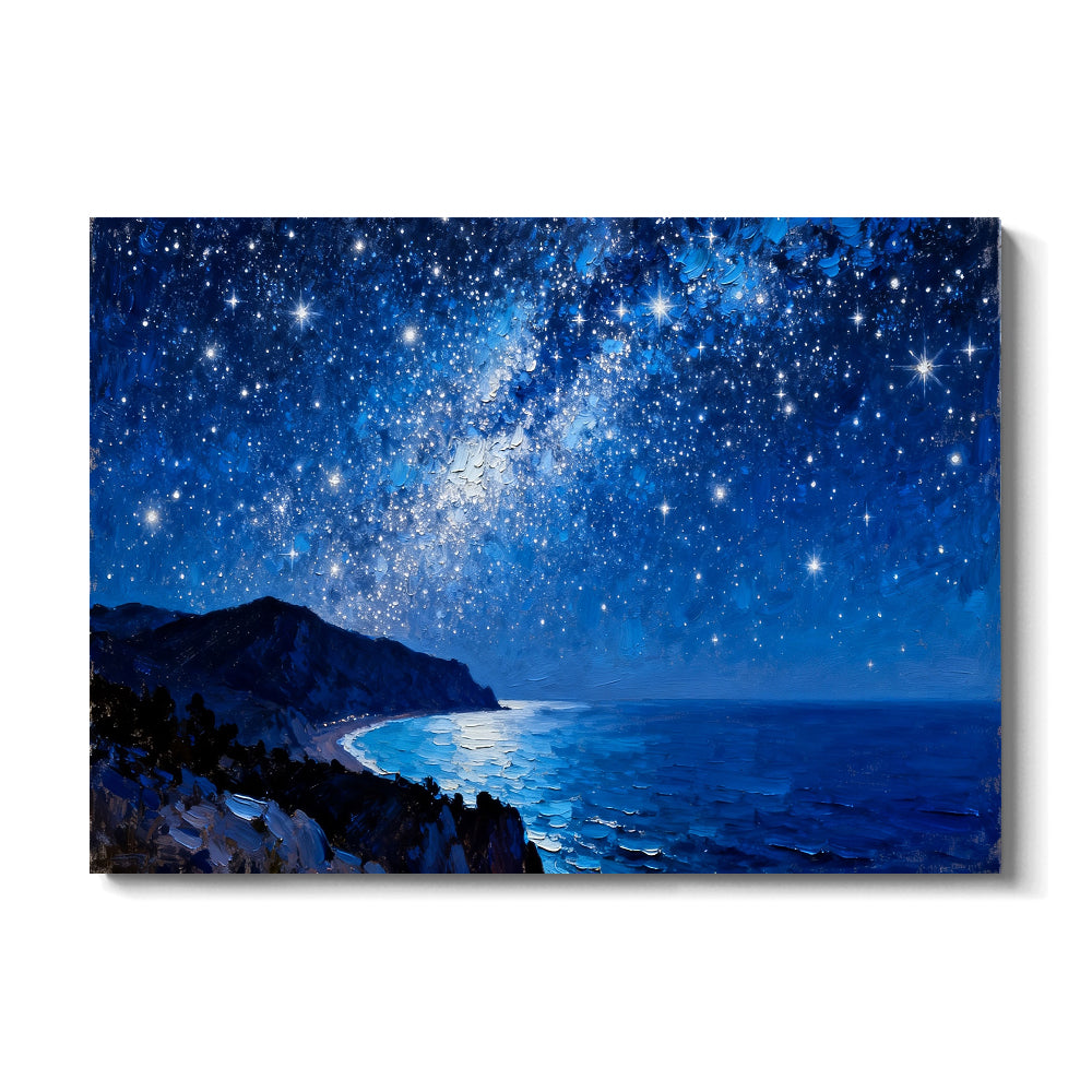 Stars over a Rocky Coast canvas wall art, front view on a white background.