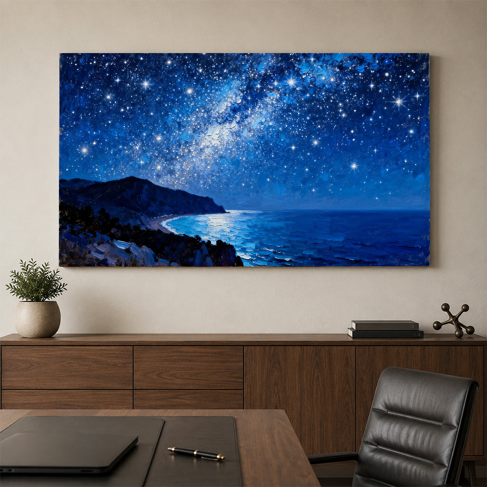 Stars over a Rocky Coast canvas wall art, office mockup.