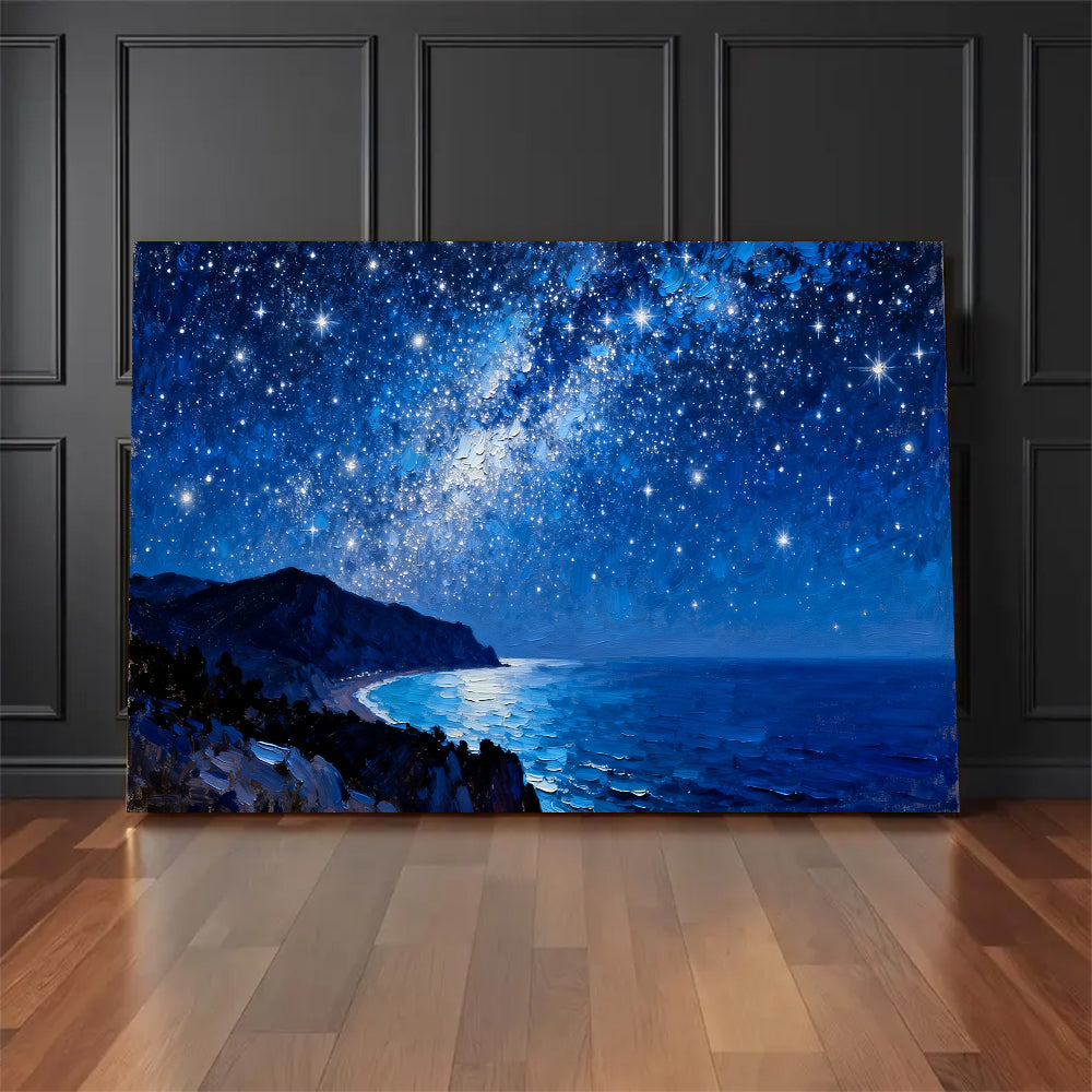 Stars over a Rocky Coast canvas wall art, floor display mockup.