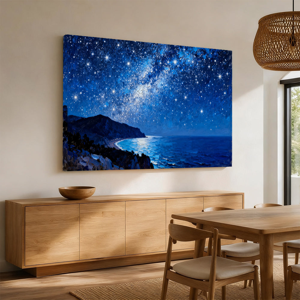 Stars over a Rocky Coast canvas wall art, dining room mockup.