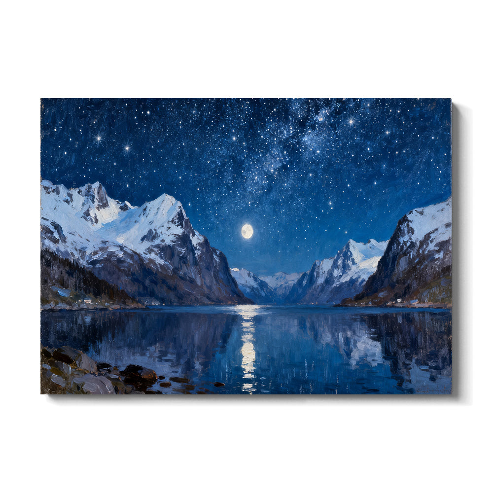 Winter Fjord under Stars canvas wall art, front view on a white background.