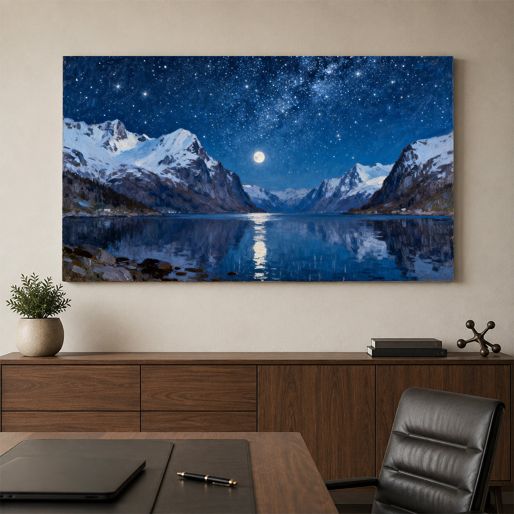 Winter Fjord under Stars canvas wall art, office mockup.