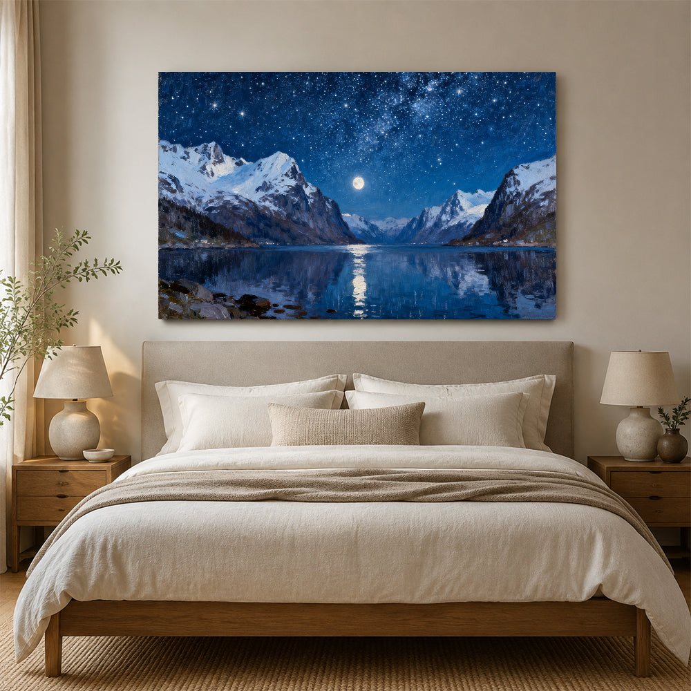 Winter Fjord under Stars canvas wall art, bedroom mockup.