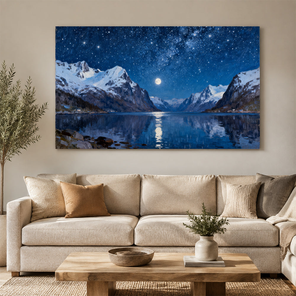 Winter Fjord under Stars canvas wall art, living room mockup.