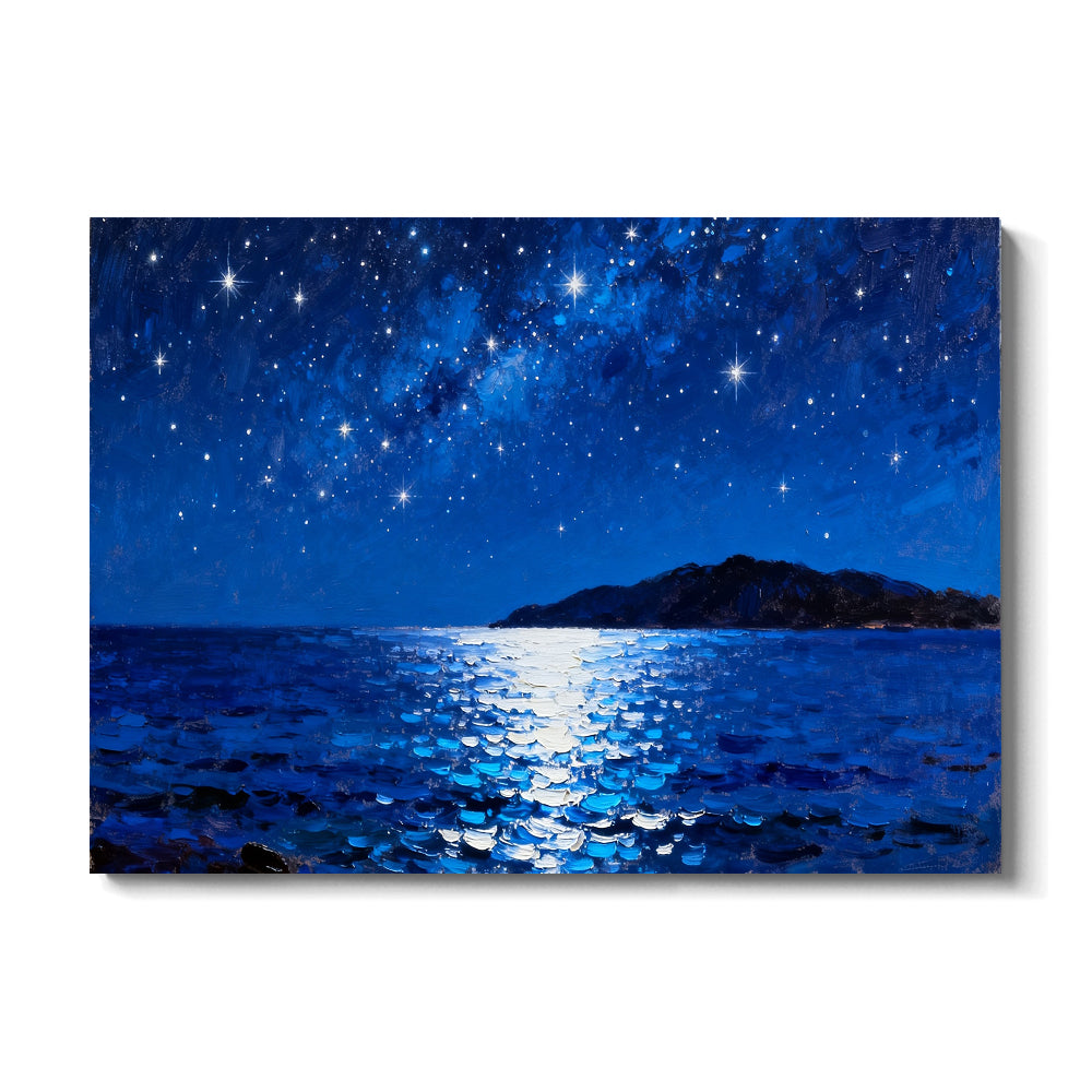 Silver Moon over the Sea canvas wall art, front view on a white background.