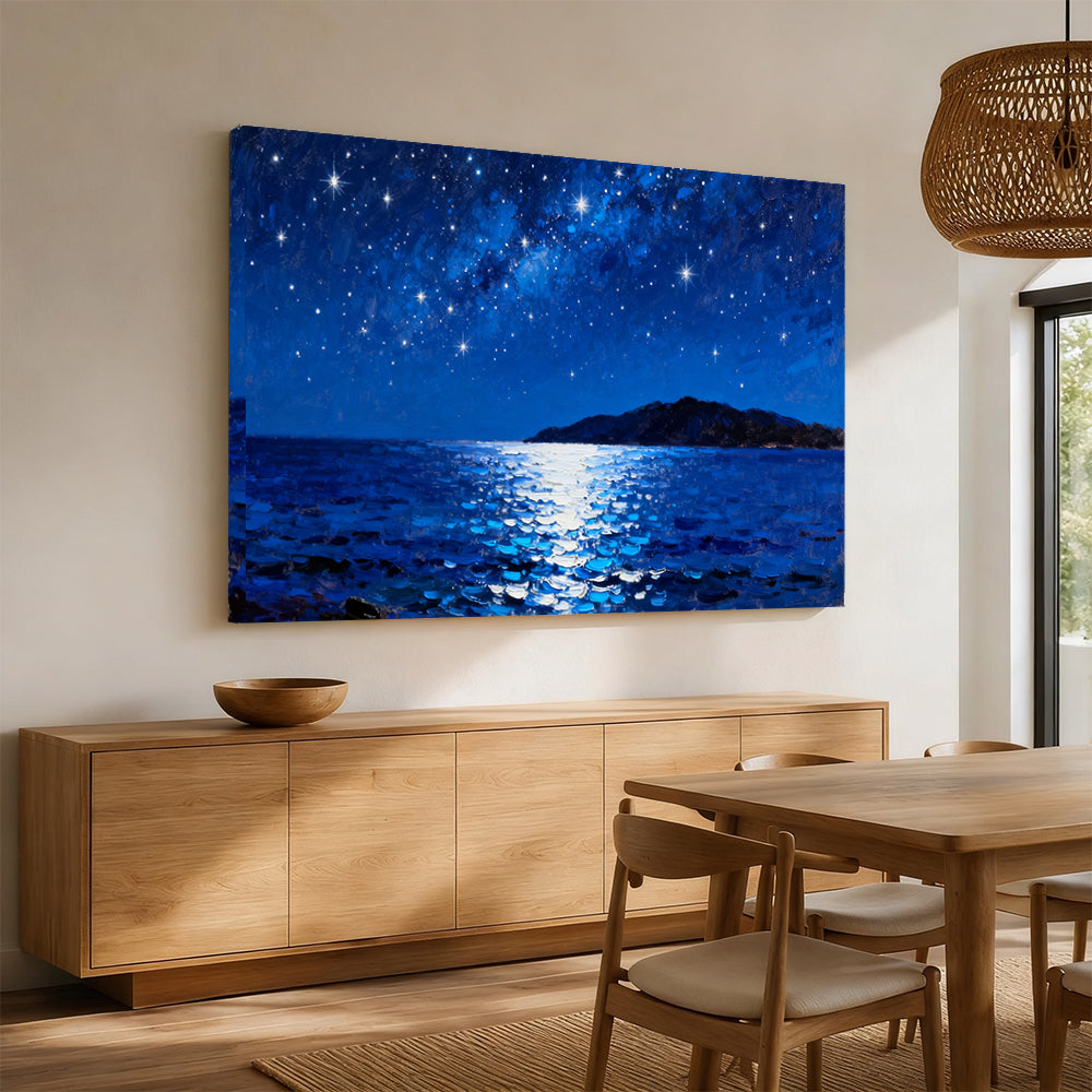 Silver Moon over the Sea canvas wall art, dining room mockup.