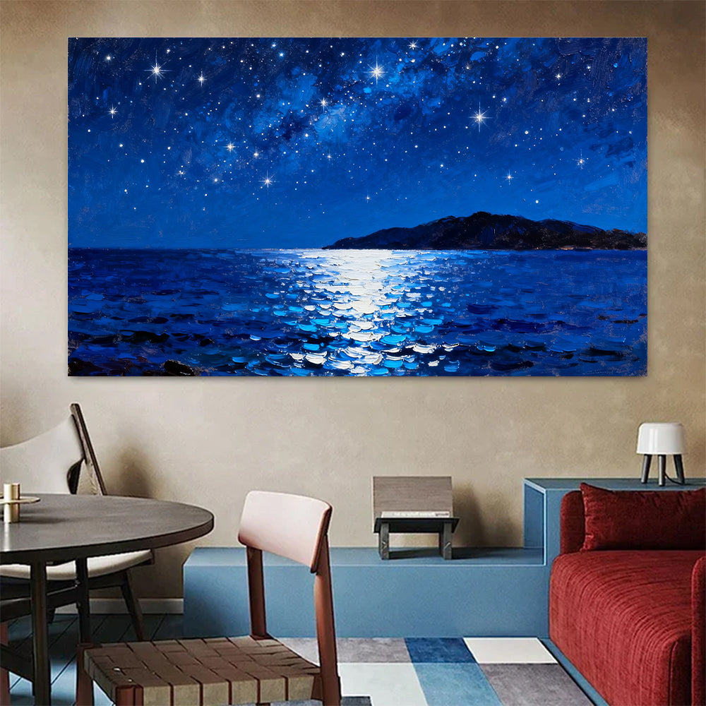 Silver Moon over the Sea canvas wall art, living dining room mockup.
