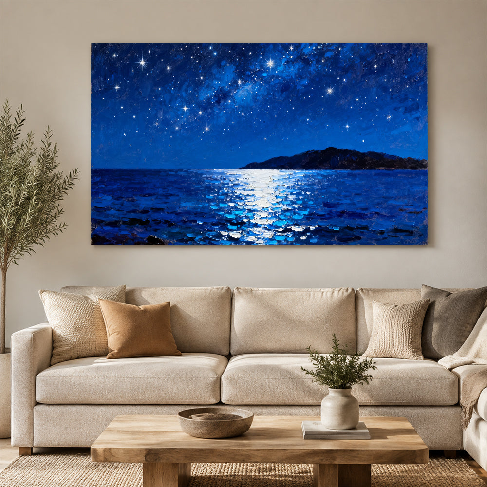 Silver Moon over the Sea canvas wall art, living room mockup.