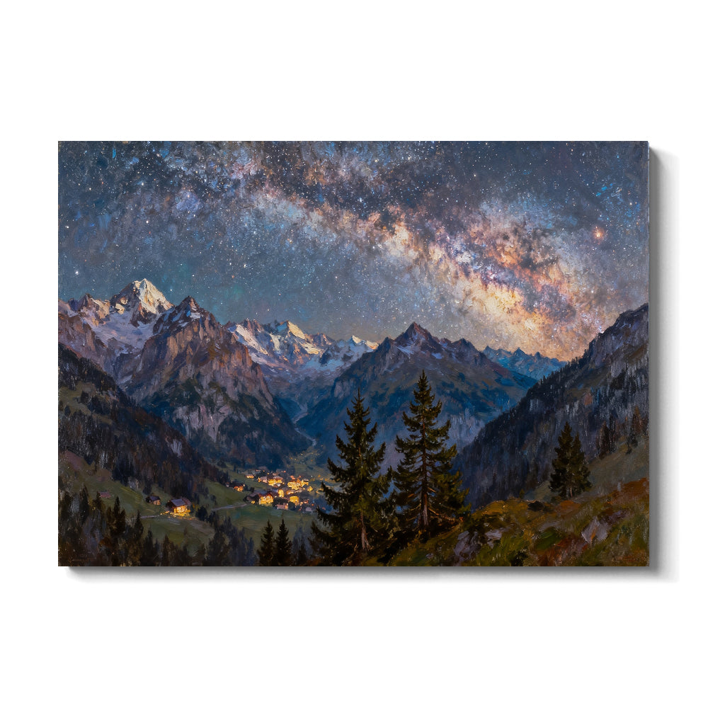 Galaxy above a Forest Valley canvas wall art, front view on a white background.