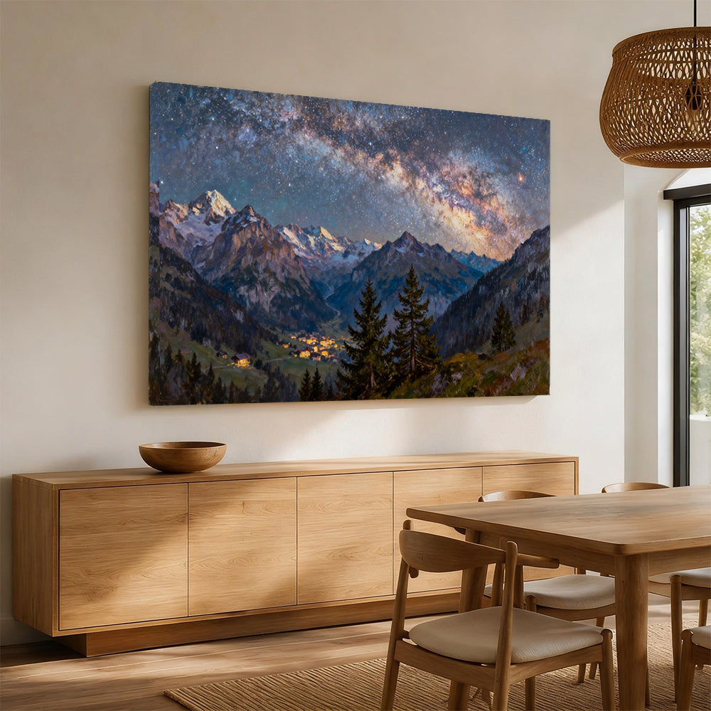 Galaxy above a Forest Valley canvas wall art, dining room mockup.