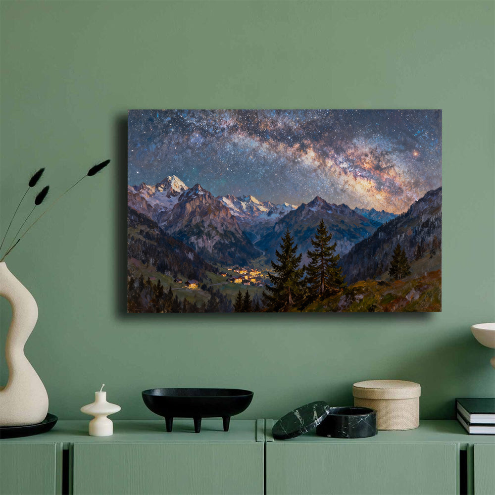 Galaxy above a Forest Valley canvas wall art, green wall mockup.
