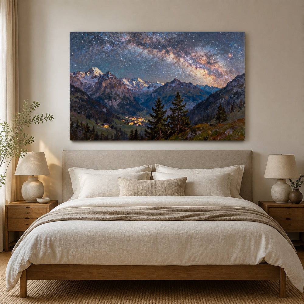Galaxy above a Forest Valley canvas wall art, bedroom mockup.