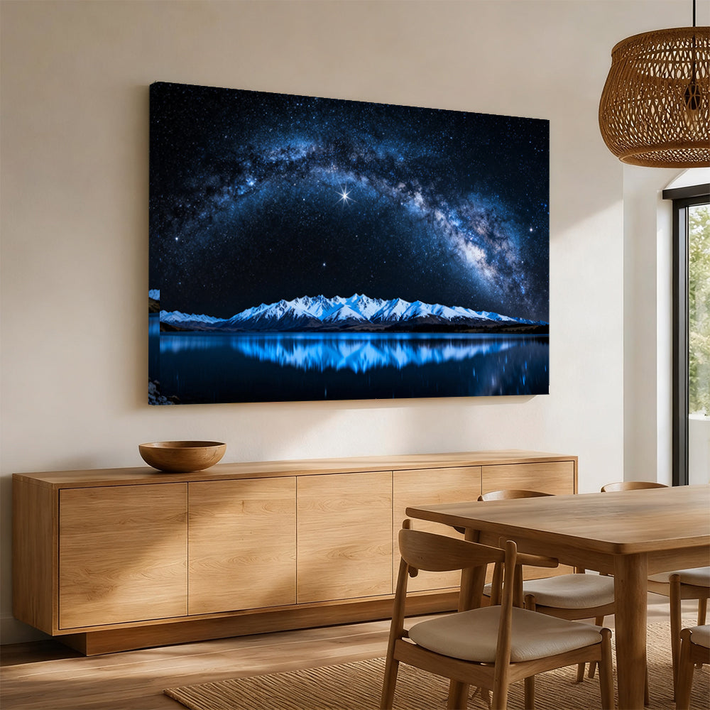 Blue Starlight on Snow canvas wall art, dining room mockup.