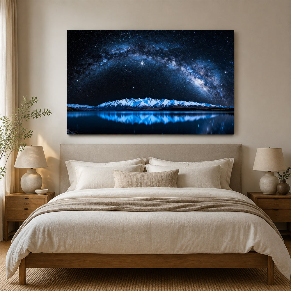 Blue Starlight on Snow canvas wall art, bedroom mockup.