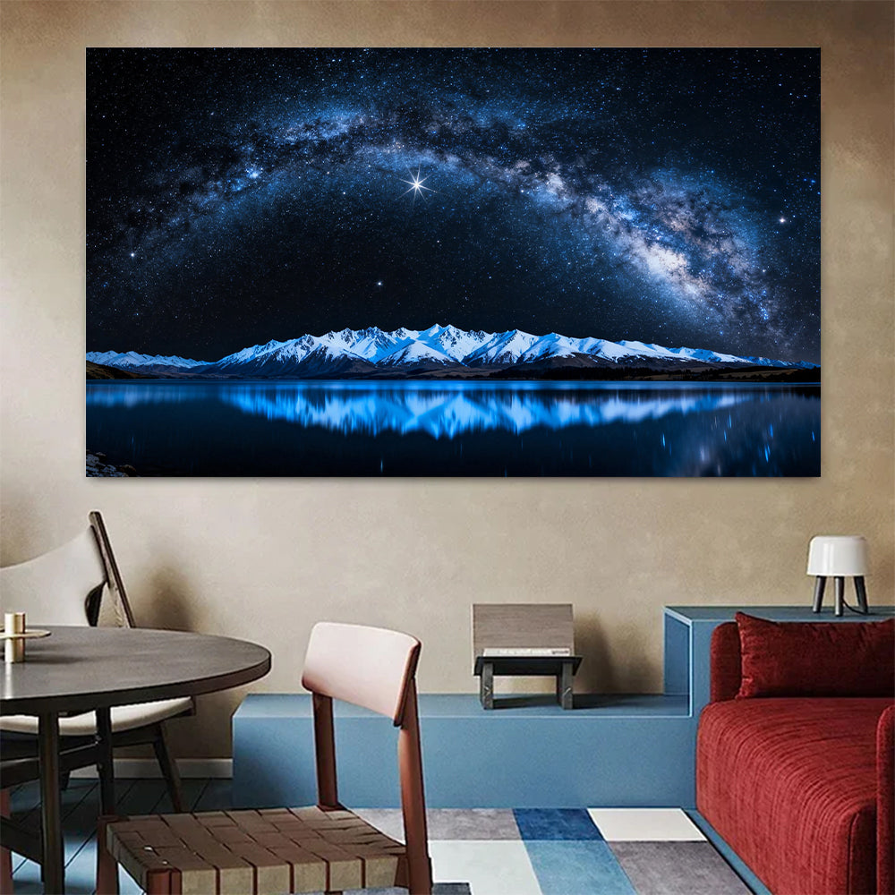 Blue Starlight on Snow canvas wall art, living dining room mockup.