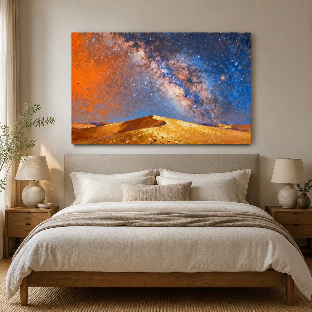 Golden Dunes beneath Stars canvas wall art, bedroom mockup.