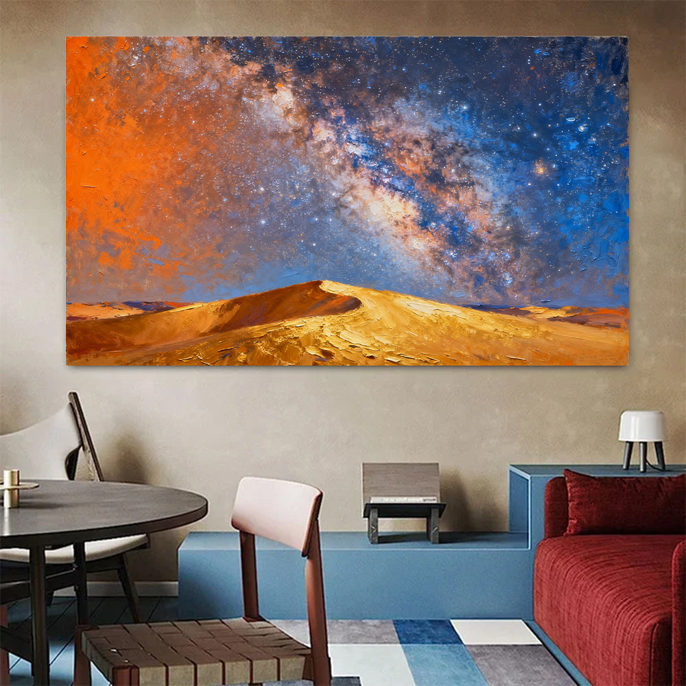 Golden Dunes beneath Stars canvas wall art, living dining room mockup.