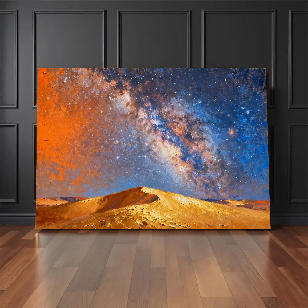 Golden Dunes beneath Stars canvas wall art, floor display mockup.