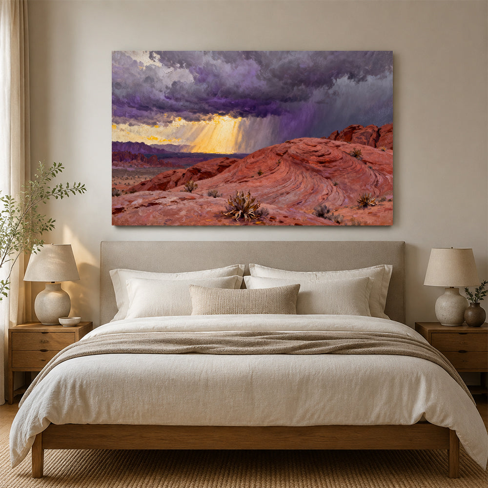 Stormlight on Red Sandstone canvas wall art, bedroom mockup.