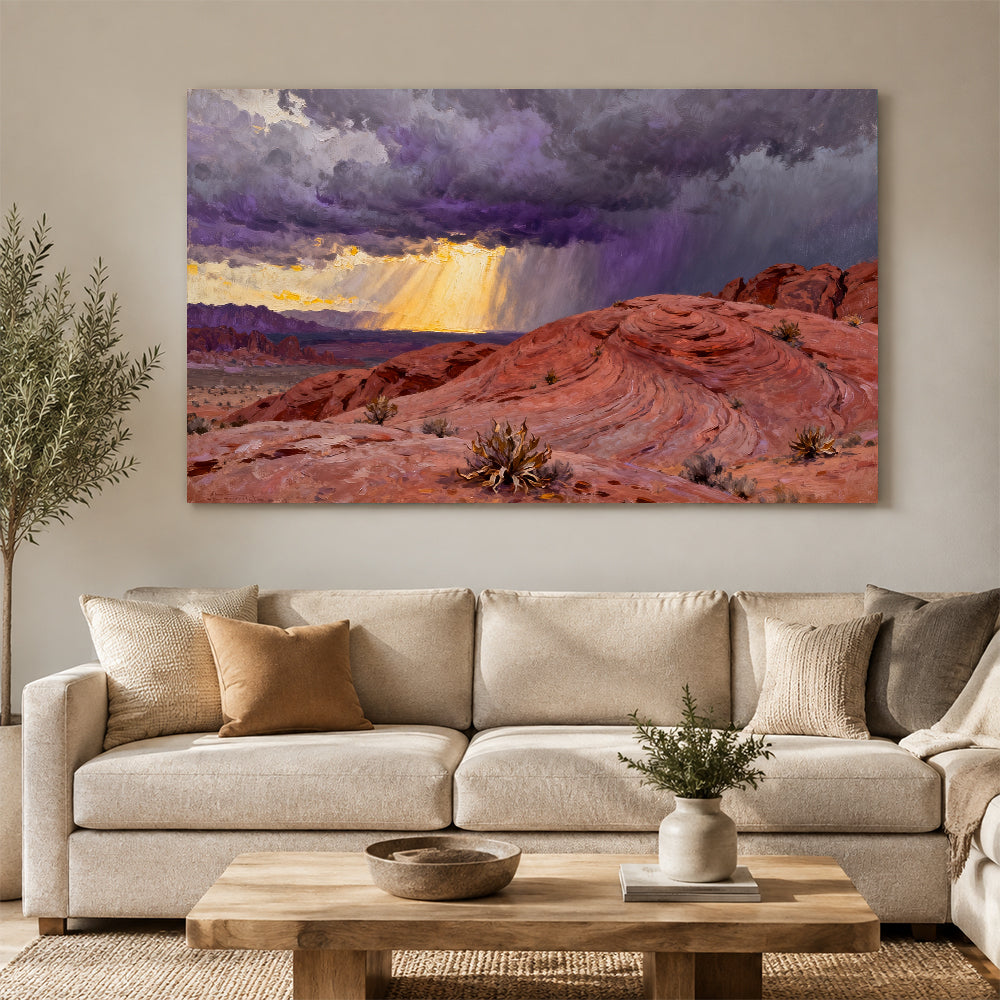 Stormlight on Red Sandstone canvas wall art, living room mockup.