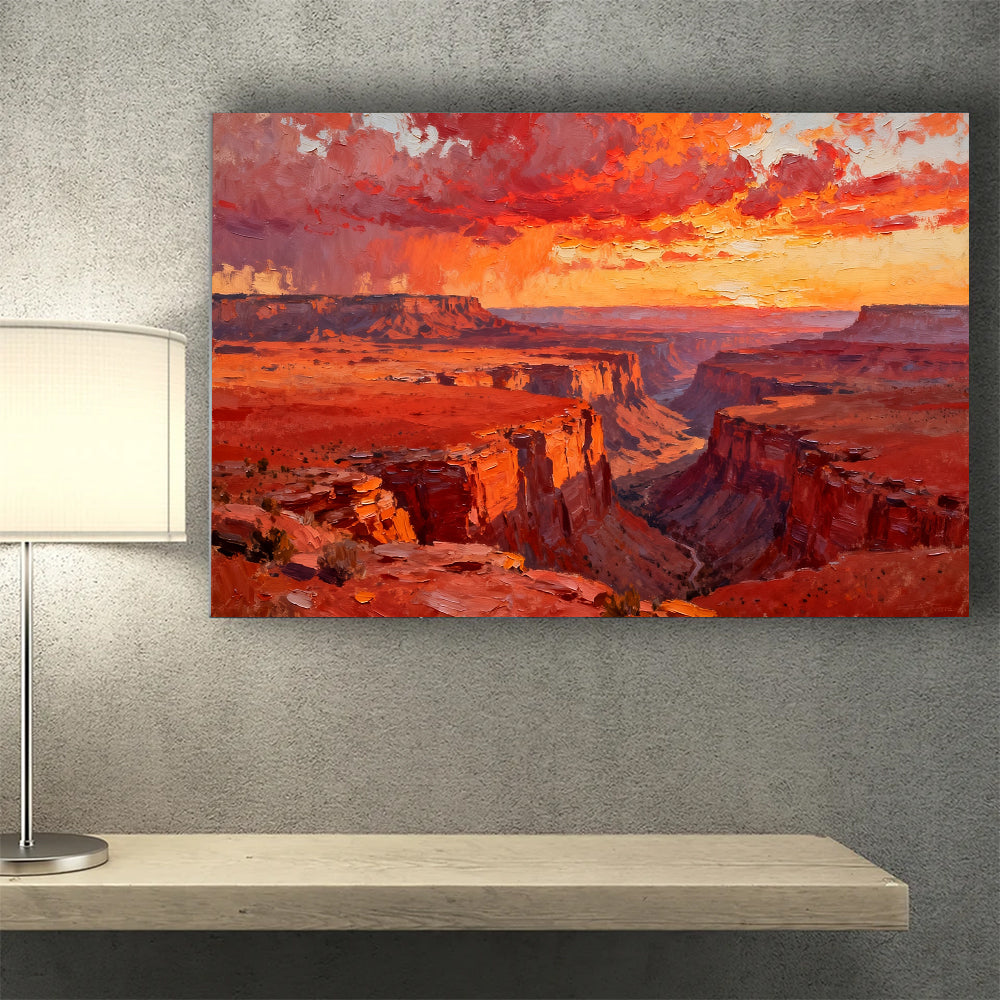 Crimson Canyon Sunset canvas wall art, desk mockup.