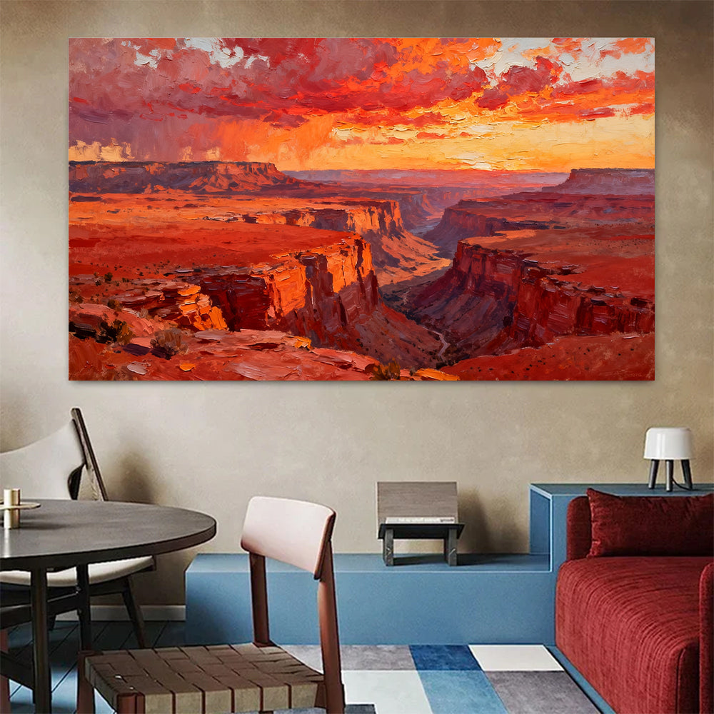 Crimson Canyon Sunset canvas wall art, living dining room mockup.