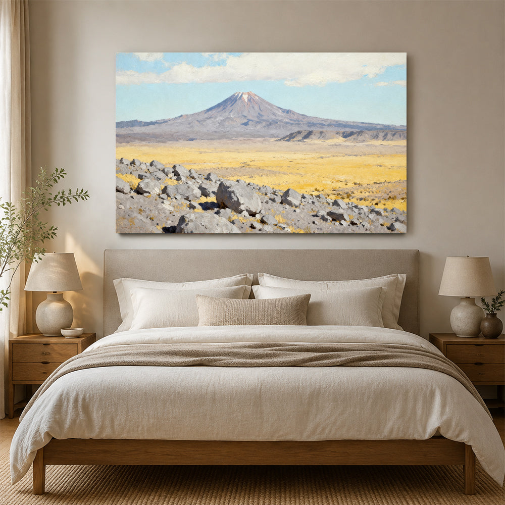 Pale Desert Volcano canvas wall art, bedroom mockup.