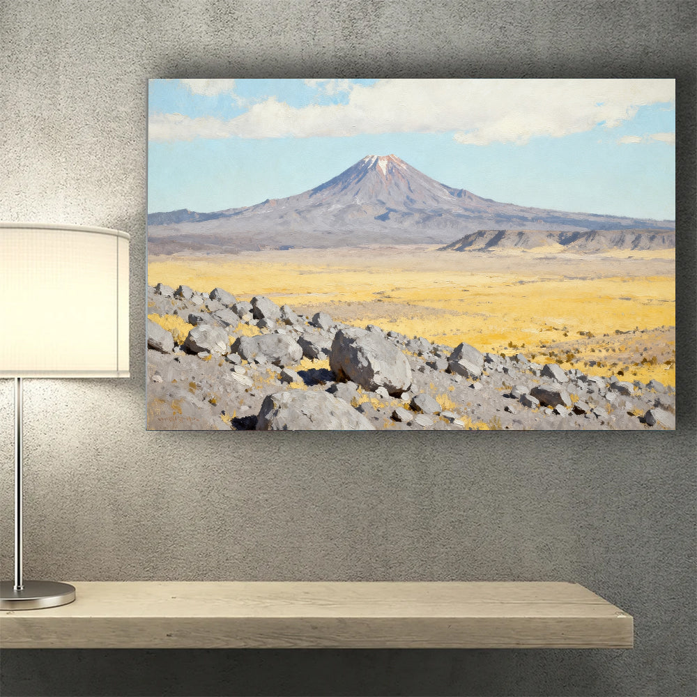 Pale Desert Volcano canvas wall art, desk mockup.