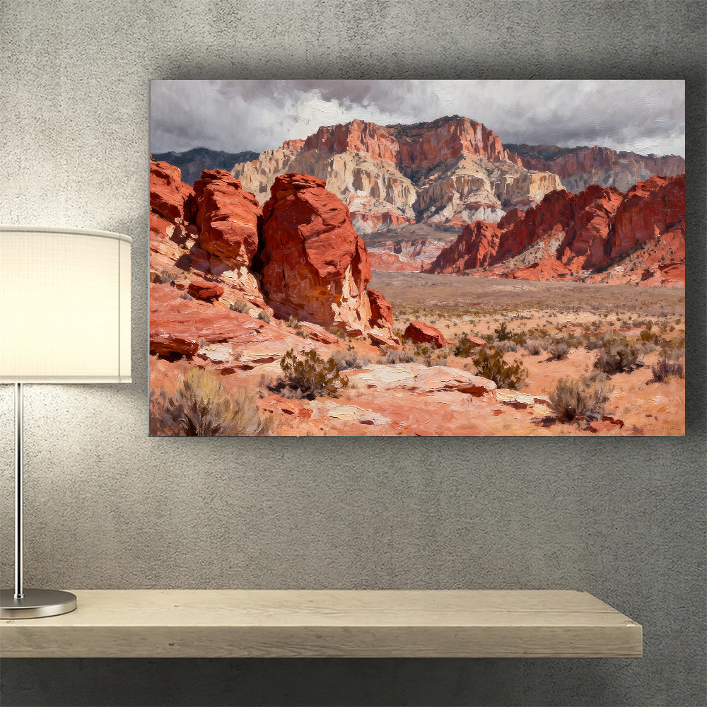 Red Rock Desert Vista canvas wall art, desk mockup.