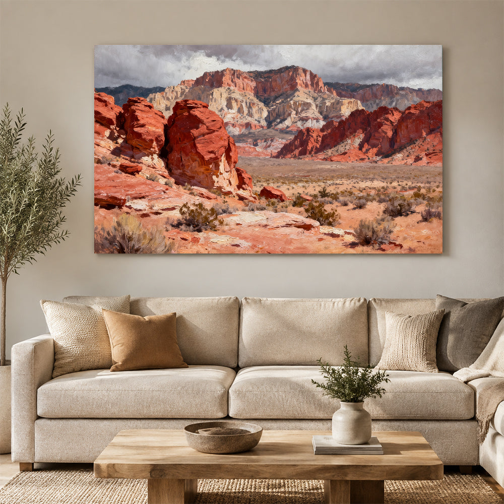Red Rock Desert Vista canvas wall art, living room mockup.