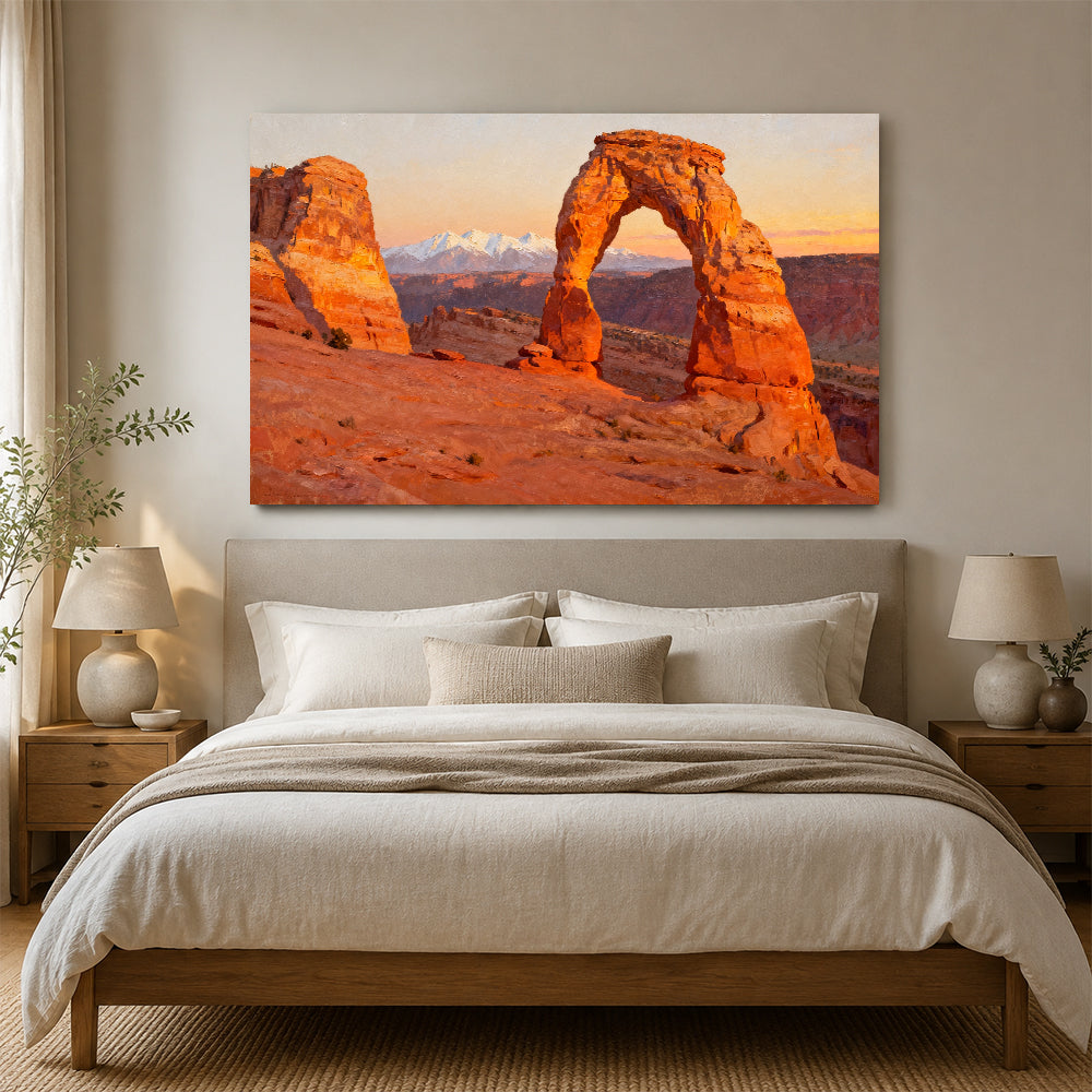 Sunlit Sandstone Arch canvas wall art, bedroom mockup.