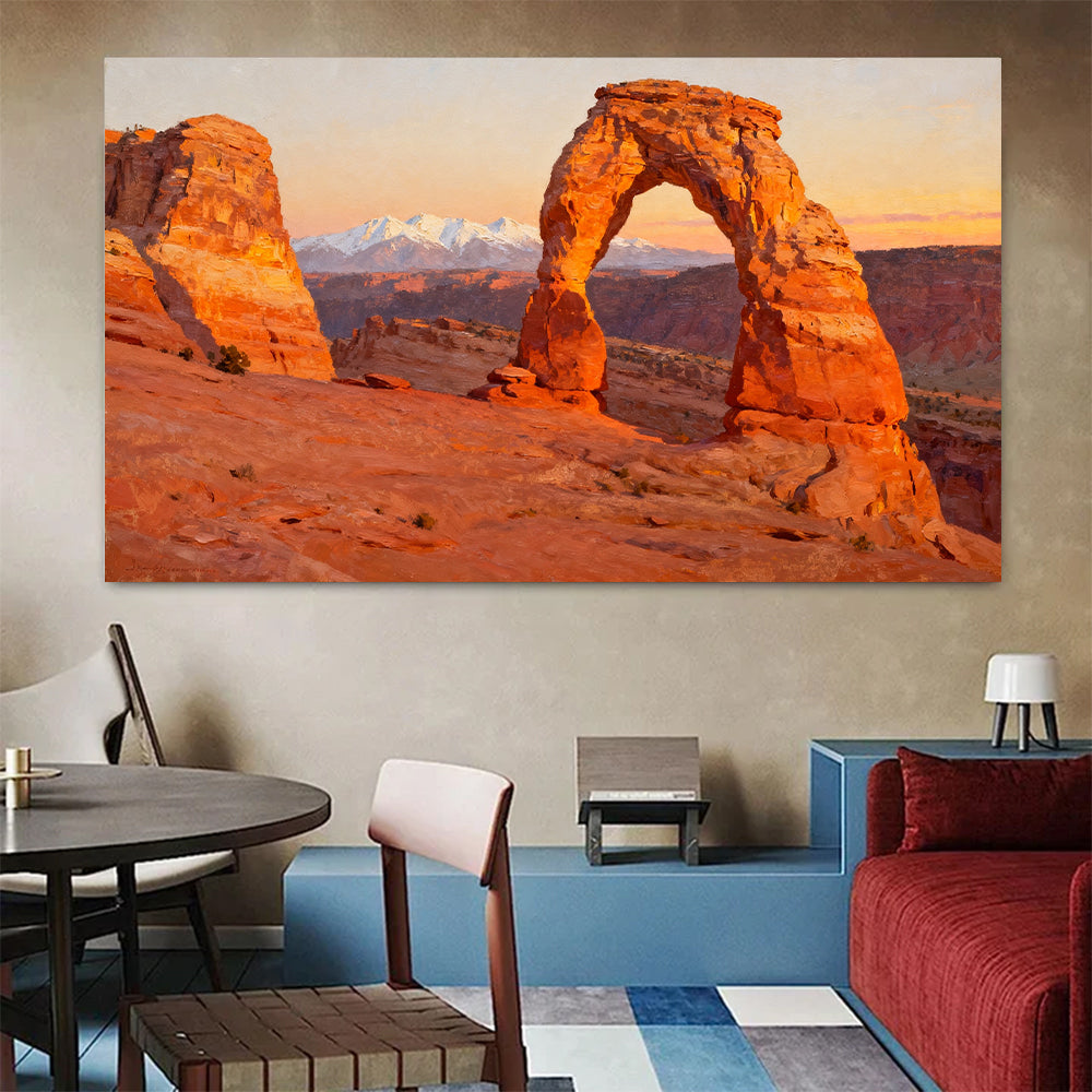 Sunlit Sandstone Arch canvas wall art, living dining room mockup.