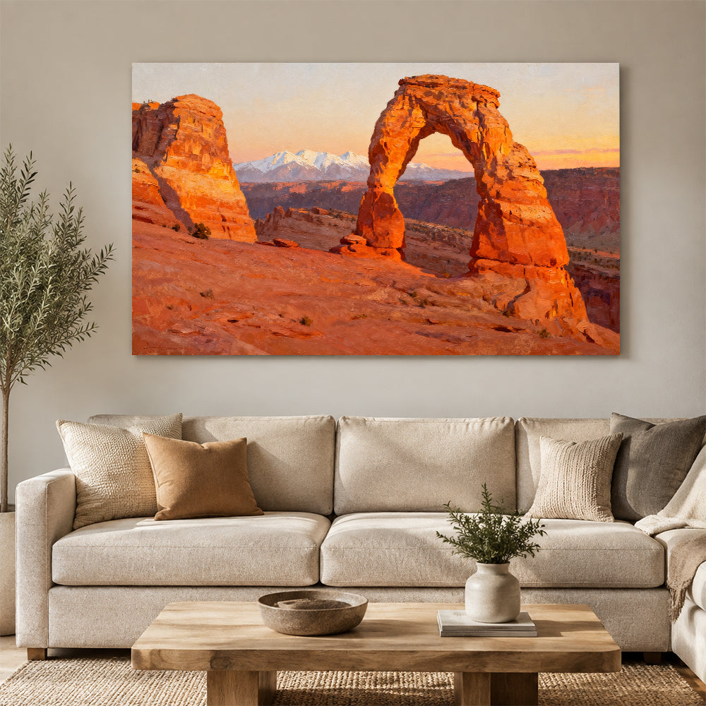 Sunlit Sandstone Arch canvas wall art, living room mockup.