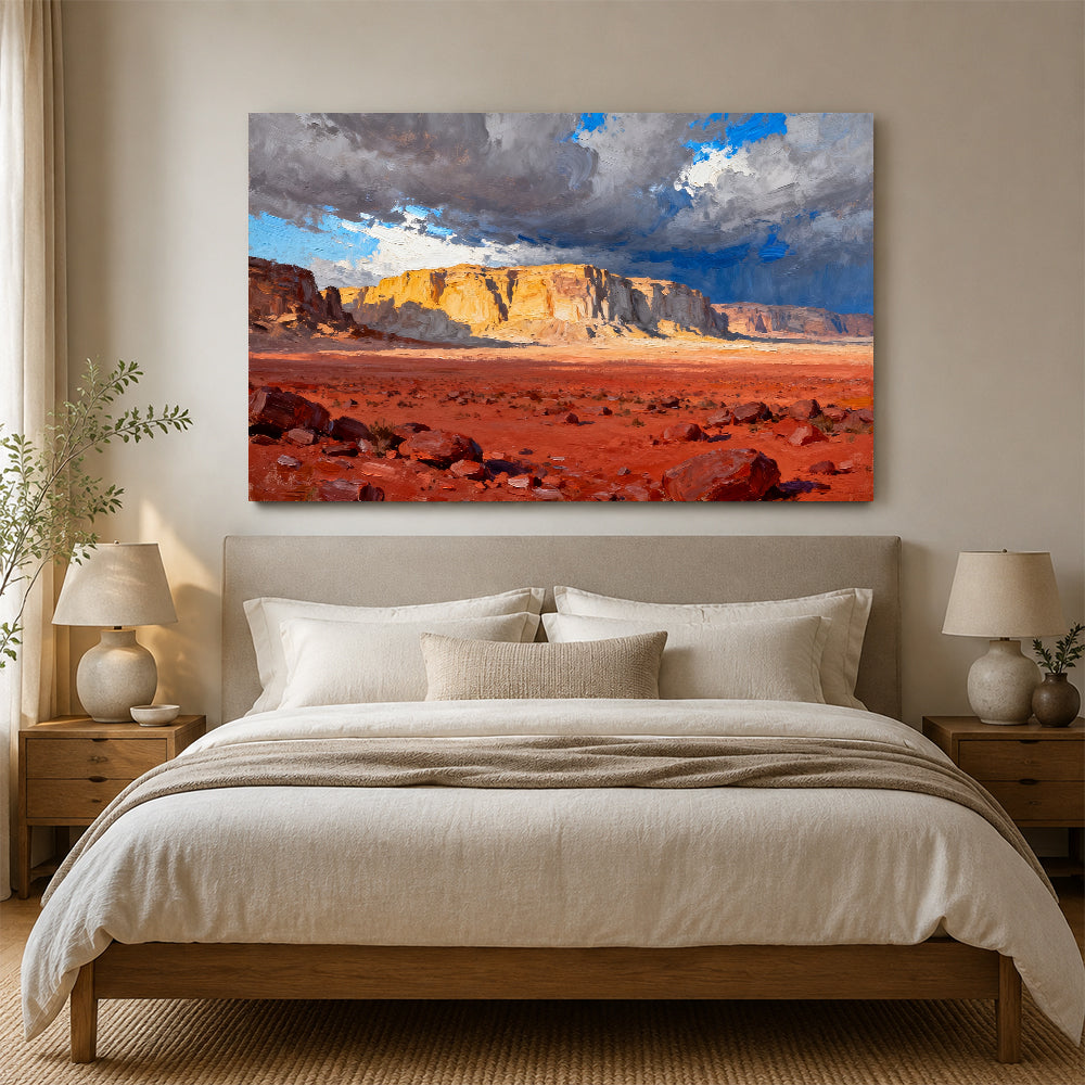 Cloud Shadows on Desert Cliffs canvas wall art, bedroom mockup.