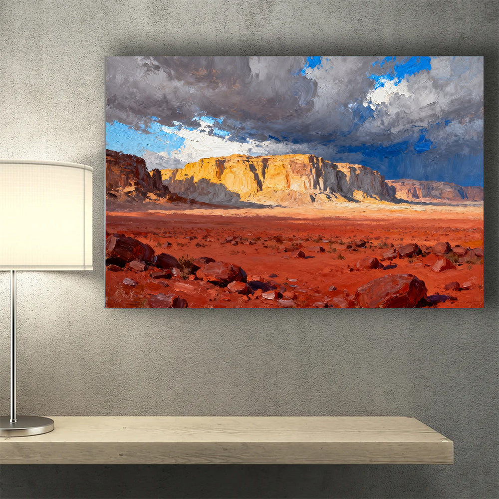 Cloud Shadows on Desert Cliffs canvas wall art, desk mockup.