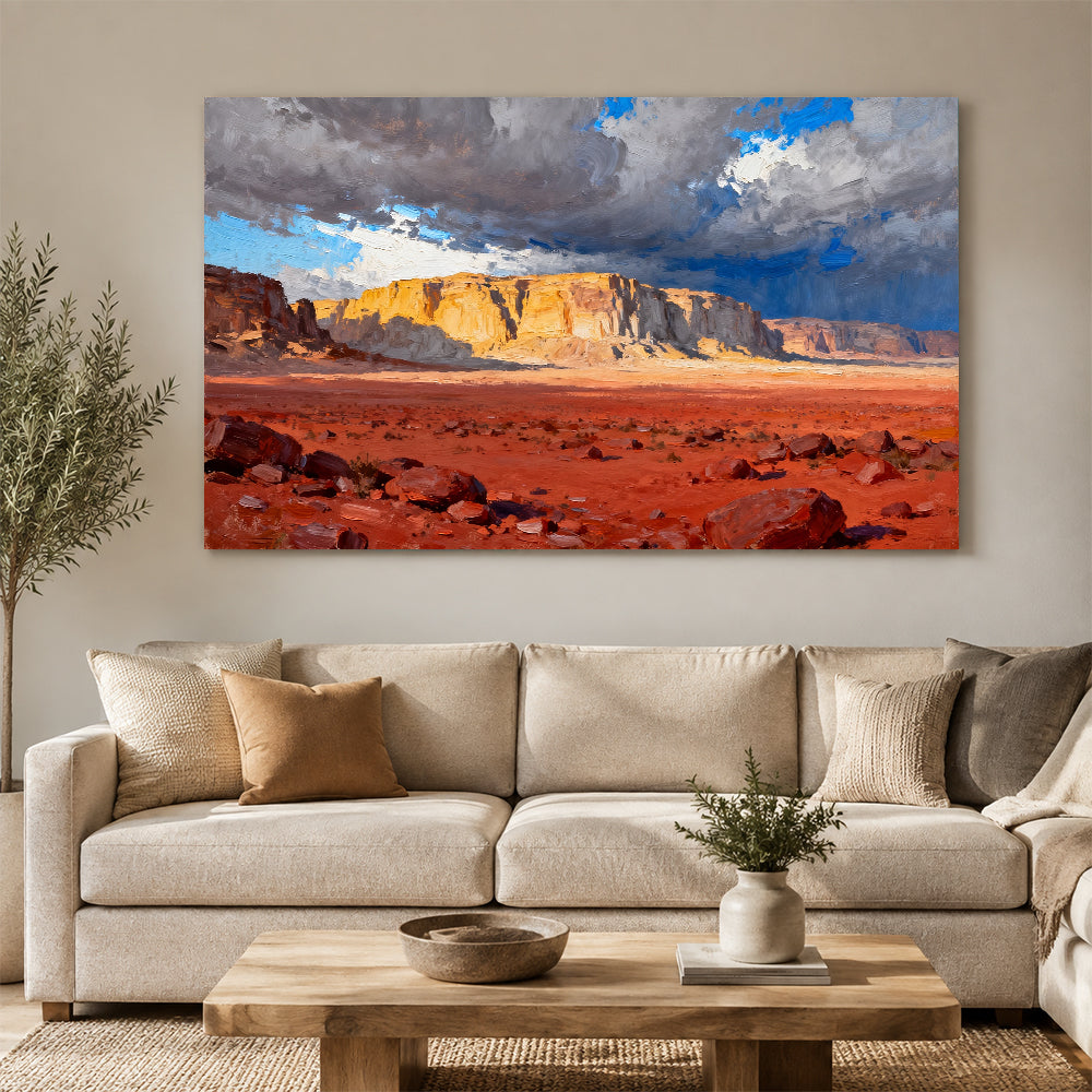 Cloud Shadows on Desert Cliffs canvas wall art, living room mockup.