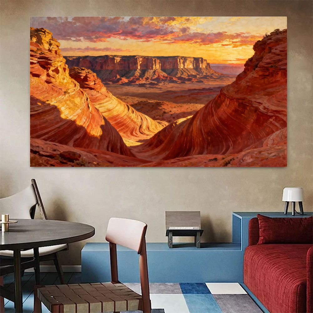Amber Canyon Depths canvas wall art, living dining room mockup.