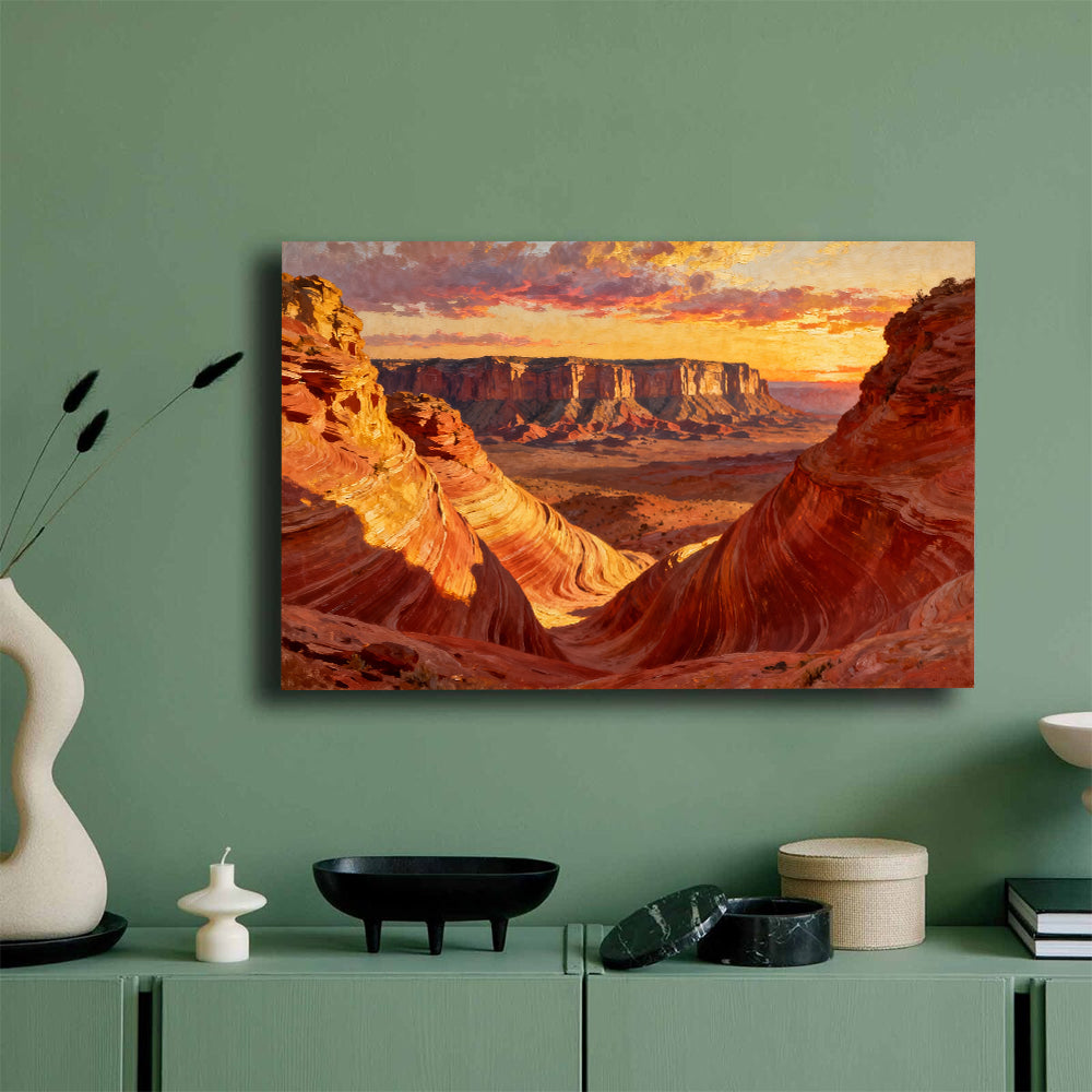 Amber Canyon Depths canvas wall art, green wall mockup.
