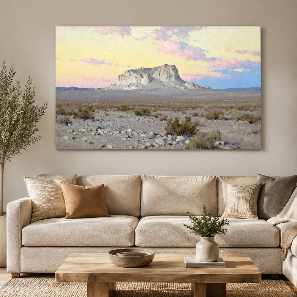 Pastel Desert Butte canvas wall art, living room mockup.