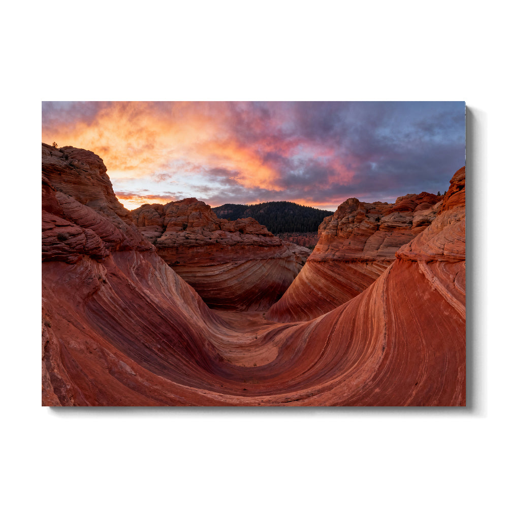 Sunset over Sandstone Waves canvas wall art, front view on a white background.