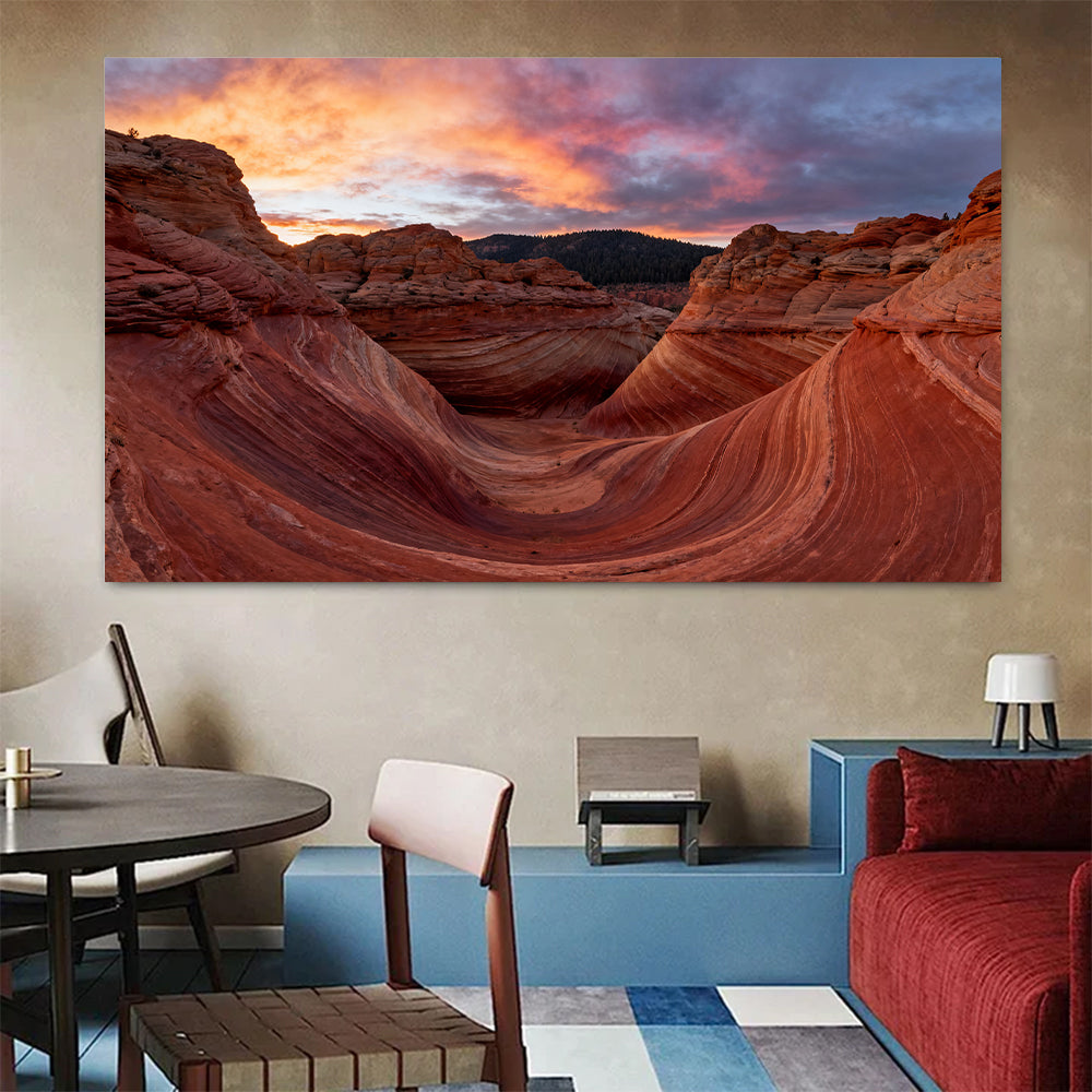 Sunset over Sandstone Waves canvas wall art, living dining room mockup.