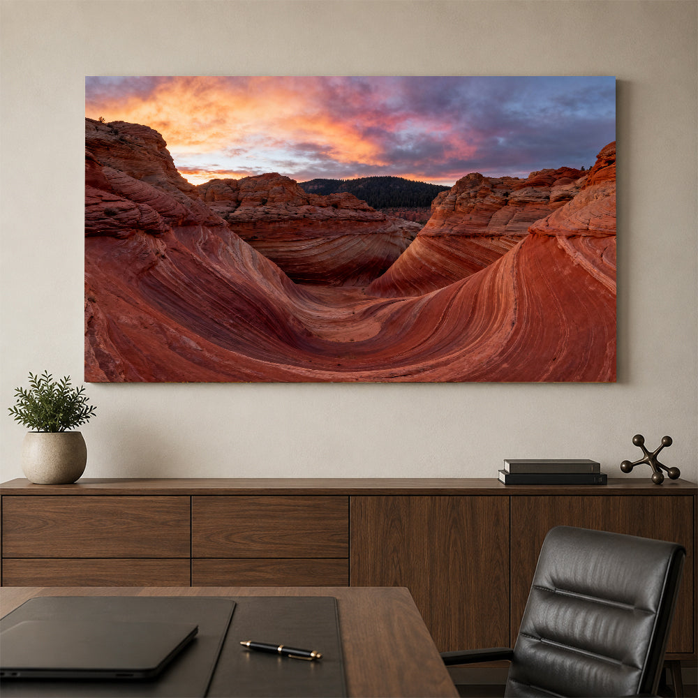 Sunset over Sandstone Waves canvas wall art, office mockup.