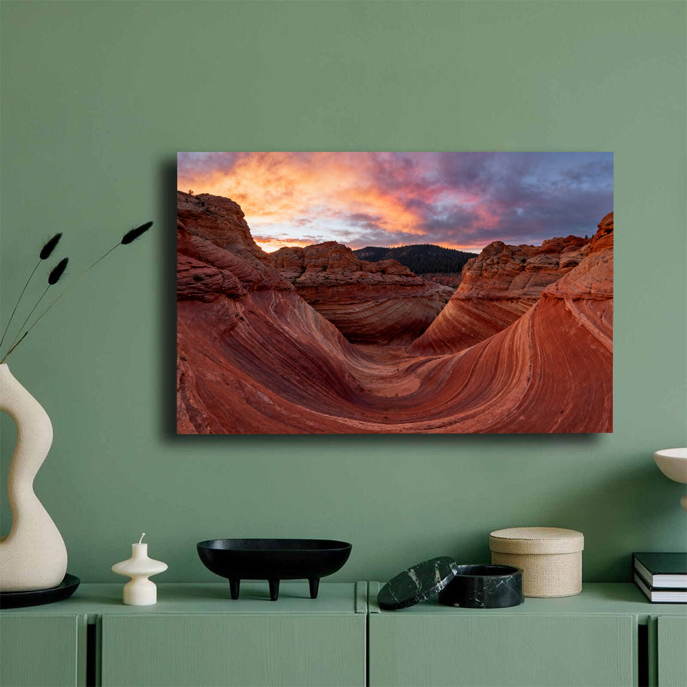 Sunset over Sandstone Waves canvas wall art, green wall mockup.