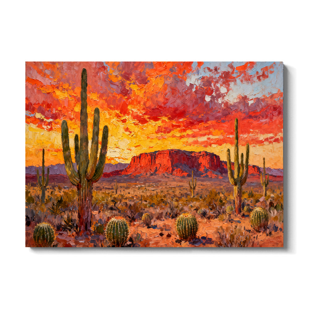 Cactus under a Fiery Sky canvas wall art, front view on a white background.