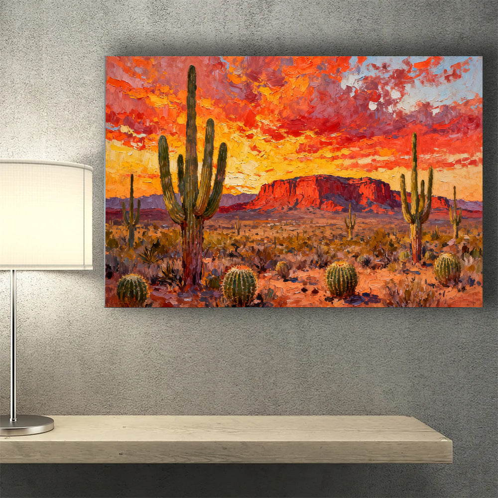 Cactus under a Fiery Sky canvas wall art, desk mockup.