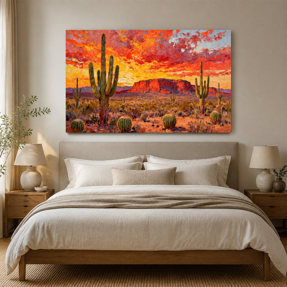 Cactus under a Fiery Sky canvas wall art, bedroom mockup.