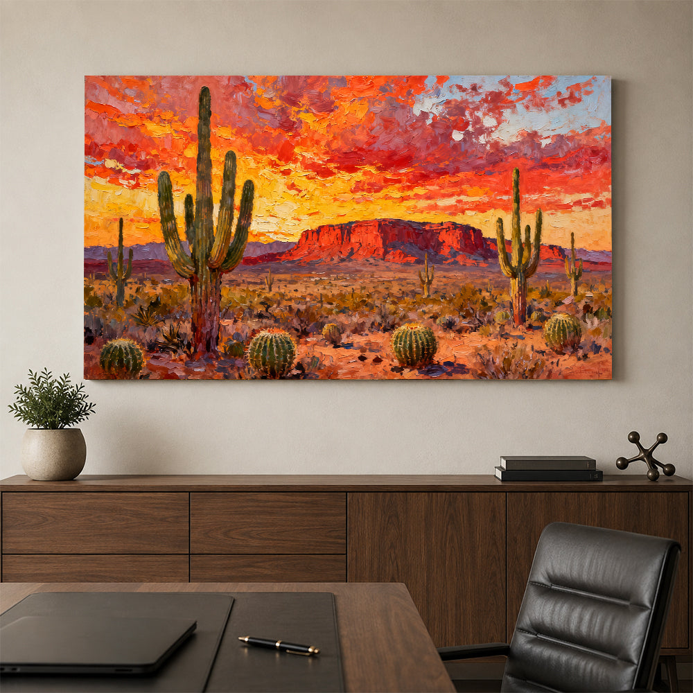 Cactus under a Fiery Sky canvas wall art, office mockup.