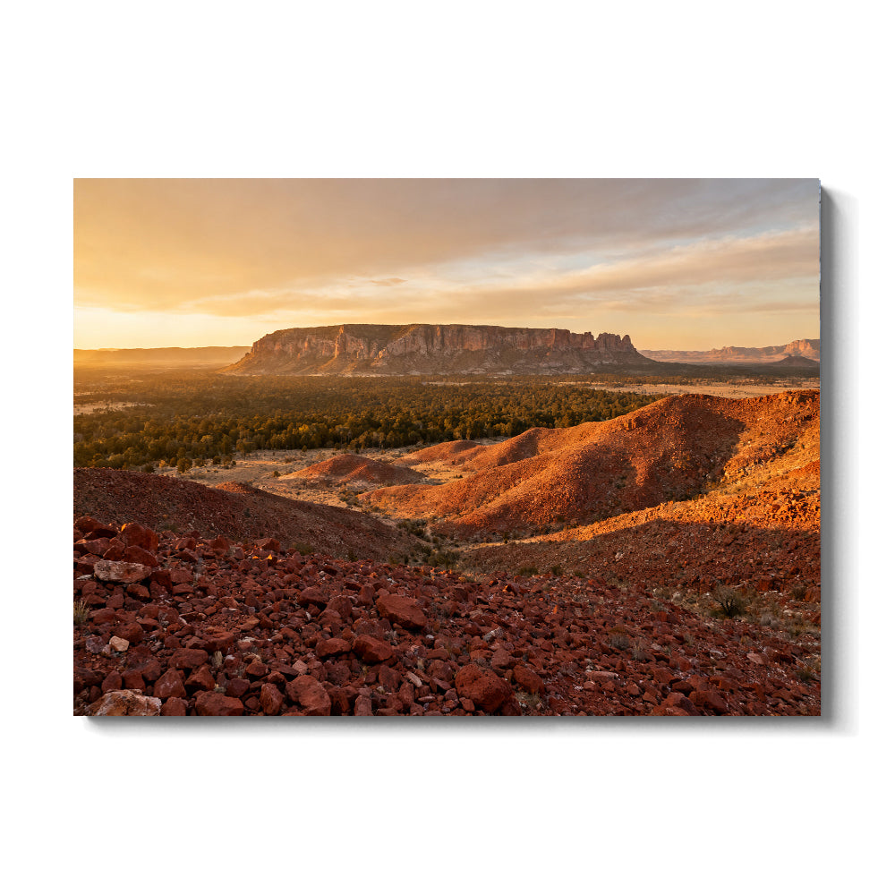 Golden Desert Ravine canvas wall art, front view on a white background.
