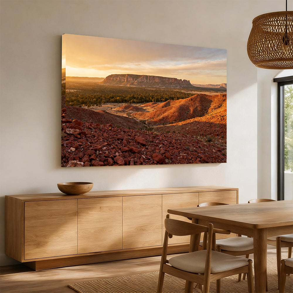 Golden Desert Ravine canvas wall art, dining room mockup.