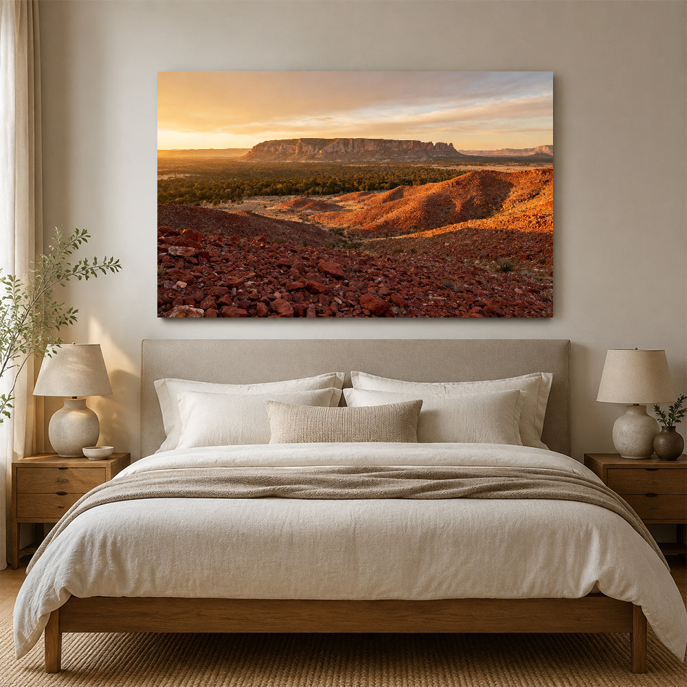 Golden Desert Ravine canvas wall art, bedroom mockup.
